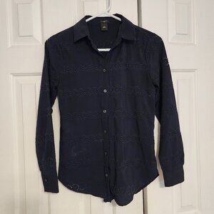 Beautiful Navy Blue Embroidered Long Sleeve Button Up